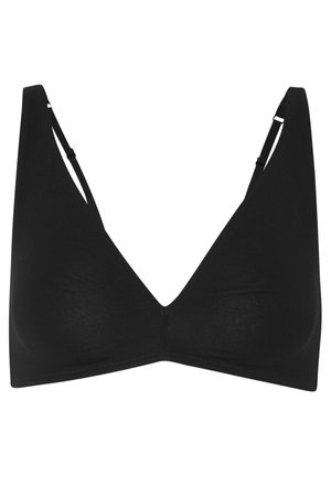Bralette sans fil noir avec un décolleté en V profond, de larges bretelles et un design sans coutures, fabriqué à partir d'un tissu doux et extensible pour un confort optimal.