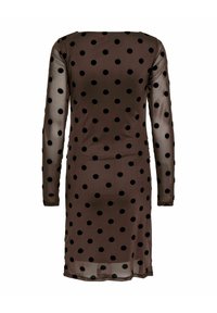 Brun kne-lang kjole med lange gjennomsiktige ermer, dekket med jevnt fordelte svarte prikkmønster, vist bakfra på hvit bakgrunn.