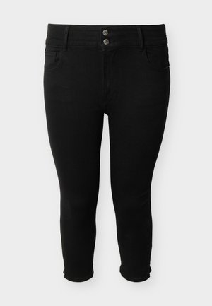 Jean skinny noir court avec double bouton et fermeture éclair, poches avant et arrière, présenté sur un fond blanc.