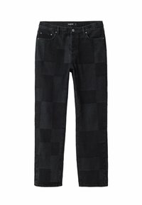 Jeans in denim nero con un design a patchwork, caratterizzati da diverse texture e sfumature di nero. Taglio dritto, cinque tasche e hardware in metallo.