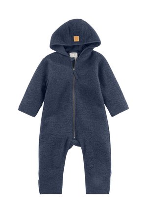 Combinaison bébé en polaire bleu marine avec capuche et fermeture éclair sur le devant, manches longues et jambes longues pour temps froid.