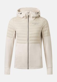 Veste matelassée beige avec capuche, fermeture éclair devant, manches longues et logo Swedemount sur la poitrine gauche.