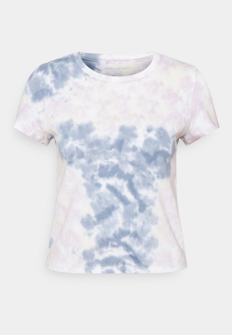 Kortærmet t-shirt med rund hals og et pastelblåt og pink tie-dye mønster på en hvid baggrund, vist fladt.