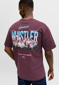 Vinrød t-shirt med bjerggrafik og teksten 'Whistler' i blå og pink. Blødt bomuldsstof, rund hals, korte ærmer, afslappet pasform.