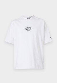 White cotton T-shirt with short sleeves, featuring black embroidered text "New Era Buffalo, New York Since 1920" on the chest.