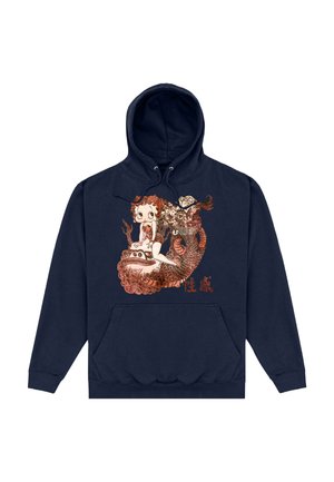 Granatowy hoodie z teksturowanym obrazem dziewczyny i smoka, z bogatymi detalami i dużą kieszenią z przodu.