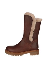 Braune Lederstiefel bis zur Wade mit einem Kunstfellfutter und -besatz, die eine strukturierte Oberfläche, eine Gummisohle und eine robuste Traktionssohle bieten.