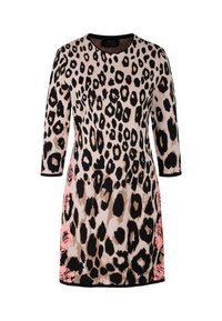 Leopardenmuster-Kleid in Beige, Schwarz und Pink, mit Dreiviertelärmeln, rundem Ausschnitt und tailliertem Schnitt.