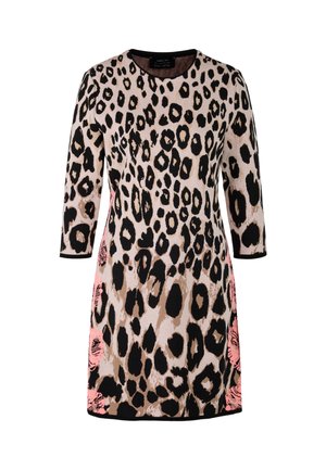 Leopard-print dress in beige, black, and pink, featuring three-quarter sleeves, a round neckline, and a fitted design.