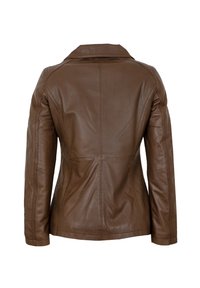 Braune Lederjacke mit taillierter Passform, mit Kragen und sichtbaren Nahtdetails. Die Rückseite zeigt eine glatte Textur und ein strukturiertes Design.