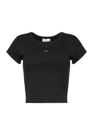 Tricou scurt negru, croială scurtă, cu decolteu rotund și logo mic Calvin Klein aplicat în centru pe piept.