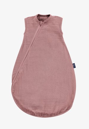 Sleeveless baby sleeping bag in dusty pink fabric with a textured finish, featuring a side zip closure and round bottom for mobility.