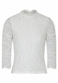 Weißes Spitzenoberteil mit langen Ärmeln, hochgeschlossener Kragen, floralem Muster und gewelltem Saum. Weicher Stoff mit semi-transparenter Textur.