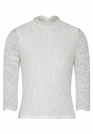 Witte kant lange mouwen top met een hoge kraag, bloemenpatroon en golvende zoom. Zachte textuur met semi-doorzichtige stof.