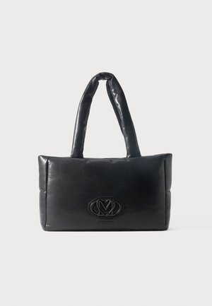 Black rectangular padded handbag with two padded handles and a central embossed logo on the front panel.