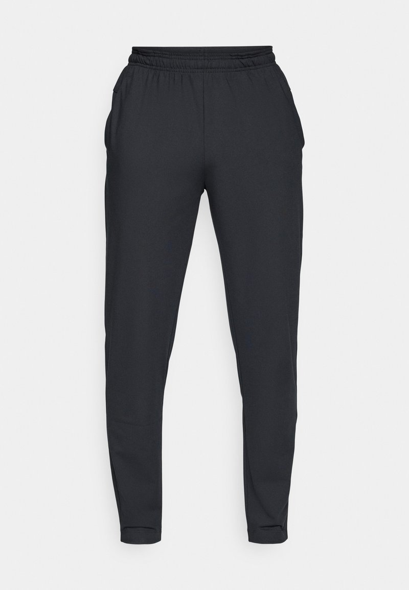 Schwarze, schmal geschnittene Jogginghosen aus weichem, leichtem Stoff mit einem elastischen Bund und zwei Seitentaschen. Glatte Textur überall.