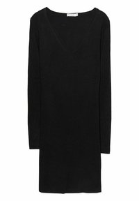 Schwarzes Strickkleid mit langen Ärmeln, tiefem V-Ausschnitt, gerippter Textur und gerader Silhouette, das ein minimales Design und keine Verzierungen aufweist.