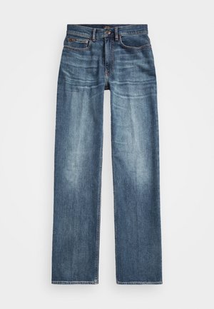 Blue straight-leg denim jeans with faded wash details, front button and zipper closure, and five-pocket design.