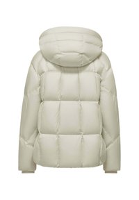 Giacca a vento beige con cappuccio, caratterizzata da un design trapuntato e una silhouette ampia. Tessuto liscio e polsini elasticizzati per un comfort aggiuntivo.