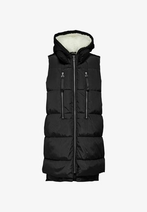 Gilet rembourré noir avec capuche, doté d'une doublure en peluche de couleur claire, d'une fermeture éclair frontale avec deux tirettes et de poches extérieures.