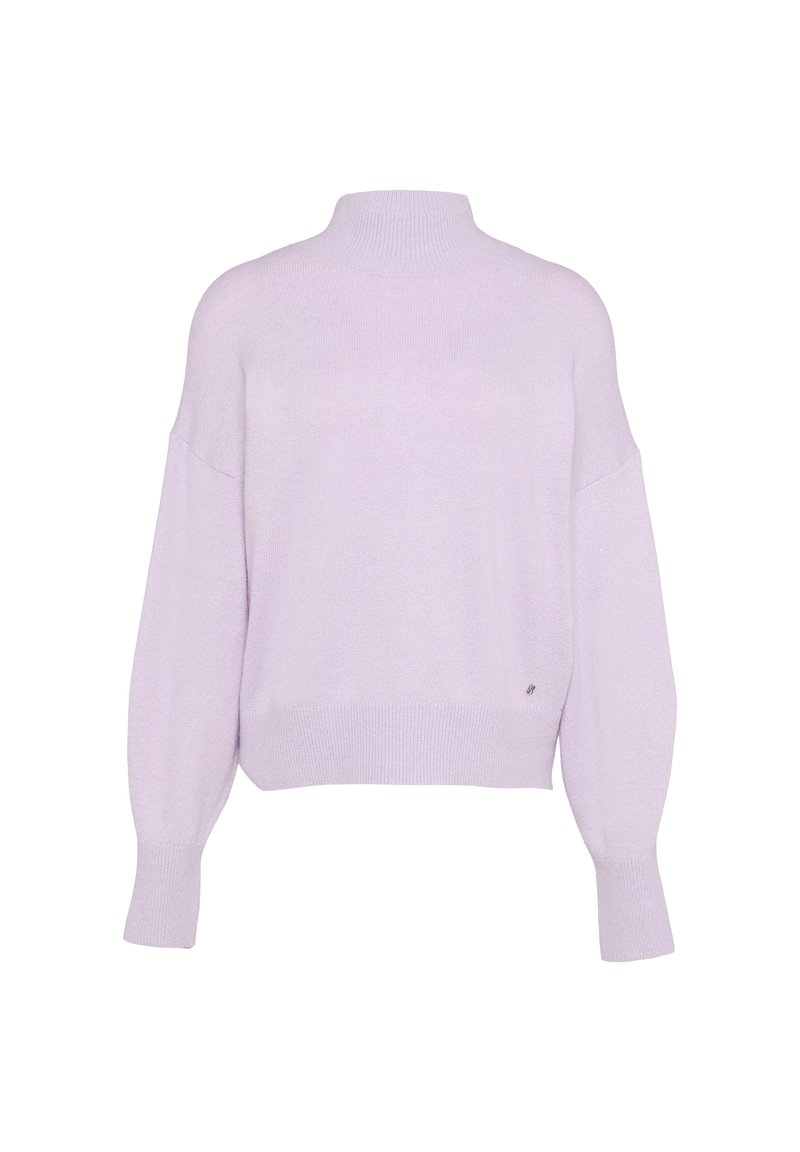 Lila Pullover-Sweater mit hohem Kragen, fallenden Schultern und langen Ärmeln. Weiche Strickstruktur, mit einem kleinen Logo-Akzent nahe dem Saum.