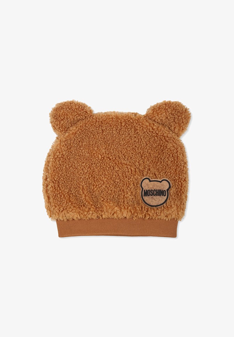 Beanie in pile marrone con orecchie da orsetto, caratterizzata da una texture morbida e un polsino a coste. Presenta un'applicazione con logo a forma di orso sulla parte anteriore.