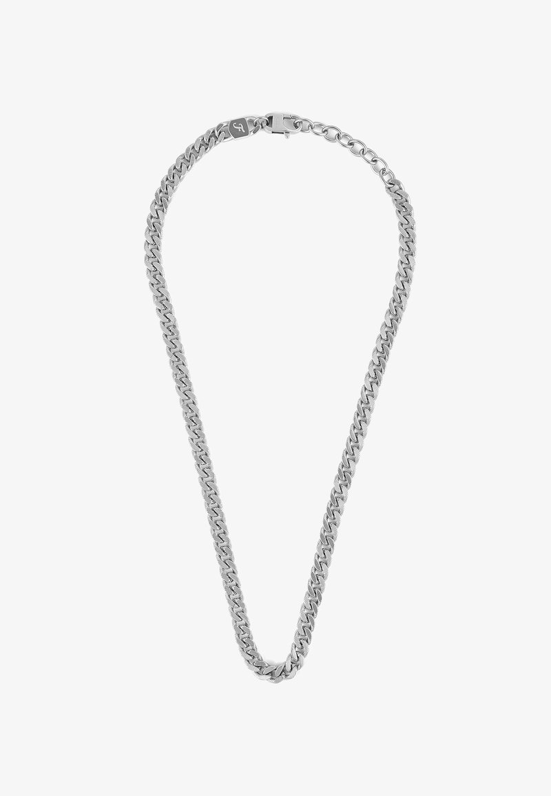 Collana in argento con un design a catena spessa e ad anelli intrecciati. Texture liscia, dotata di un sistema di chiusura sicuro e di un'estetica minimalista.