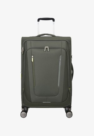 Valigia morbida verde scuro con quattro ruote, manico telescopico, tasche frontali con cerniera e manico laterale per il trasporto.