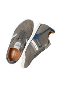 Sneaker in suede grigio con una striscia bianca e blu, dotate di chiusura con lacci, dettagli in marrone e suola in gomma bianca. Logo dorato sulla linguetta.