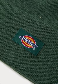 Bonnet tricoté vert avec texture côtelée, comportant un patch logo rectangulaire Dickies en rouge, jaune et bleu sur un fond vert foncé.