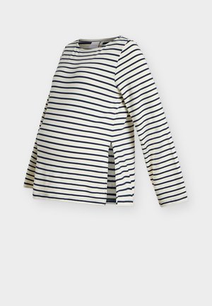 Long-sleeve maternity top with navy horizontal stripes on white, featuring side slits and a round neckline.