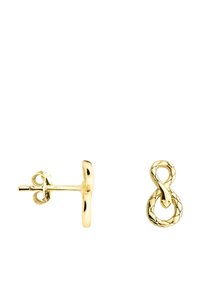 Orecchini a bottone in oro con design a infinito, caratterizzati da un motivo intrecciato e testurizzato con finitura lucida. Chiusura al retro.