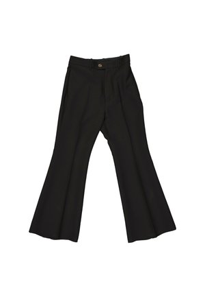 Pantalones negros de tiro alto con piernas anchas y acampanadas y cierre con botón en la cintura, mostrados sobre un fondo blanco.