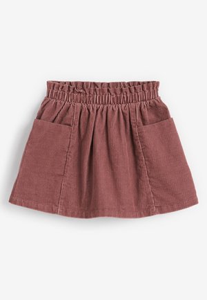 Jupe en velours côtelé rose poudré avec taille élastiquée froncée et deux poches plaquées à l'avant, posée à plat sur fond blanc.