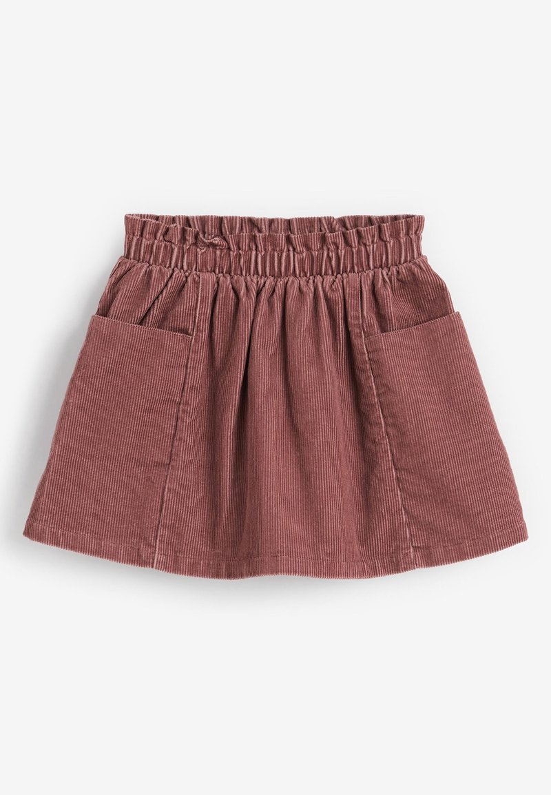 Jupe en velours côtelé rose poudré avec taille élastiquée froncée et deux poches plaquées à l'avant, posée à plat sur fond blanc.