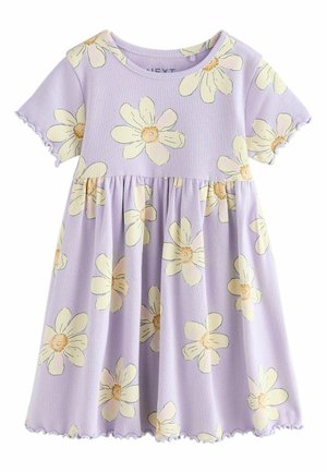 Lavendelfarbenes kurzärmliges Kleid für Kleinkinder mit geraffter Taille und gelbem Gänseblümchen-Blumenmuster, mit welligen Kanten an Ärmeln und Saum.