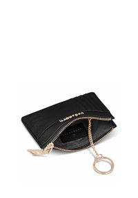 Portafoglio in pelle nera con chiusura a zip, hardware color oro, slot per carte e un anello portachiavi attaccato. Superficie testurizzata con cuciture visibili.