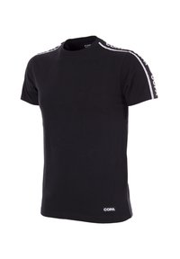 Zwarte t-shirt met korte mouwen van katoen, met witte merkstrepen op de schouders en een klein logo op de onderste zoom.