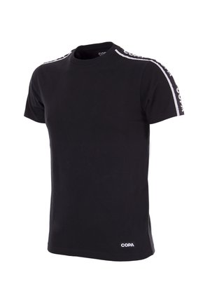 Zwarte t-shirt met korte mouwen van katoen, met witte merkstrepen op de schouders en een klein logo op de onderste zoom.