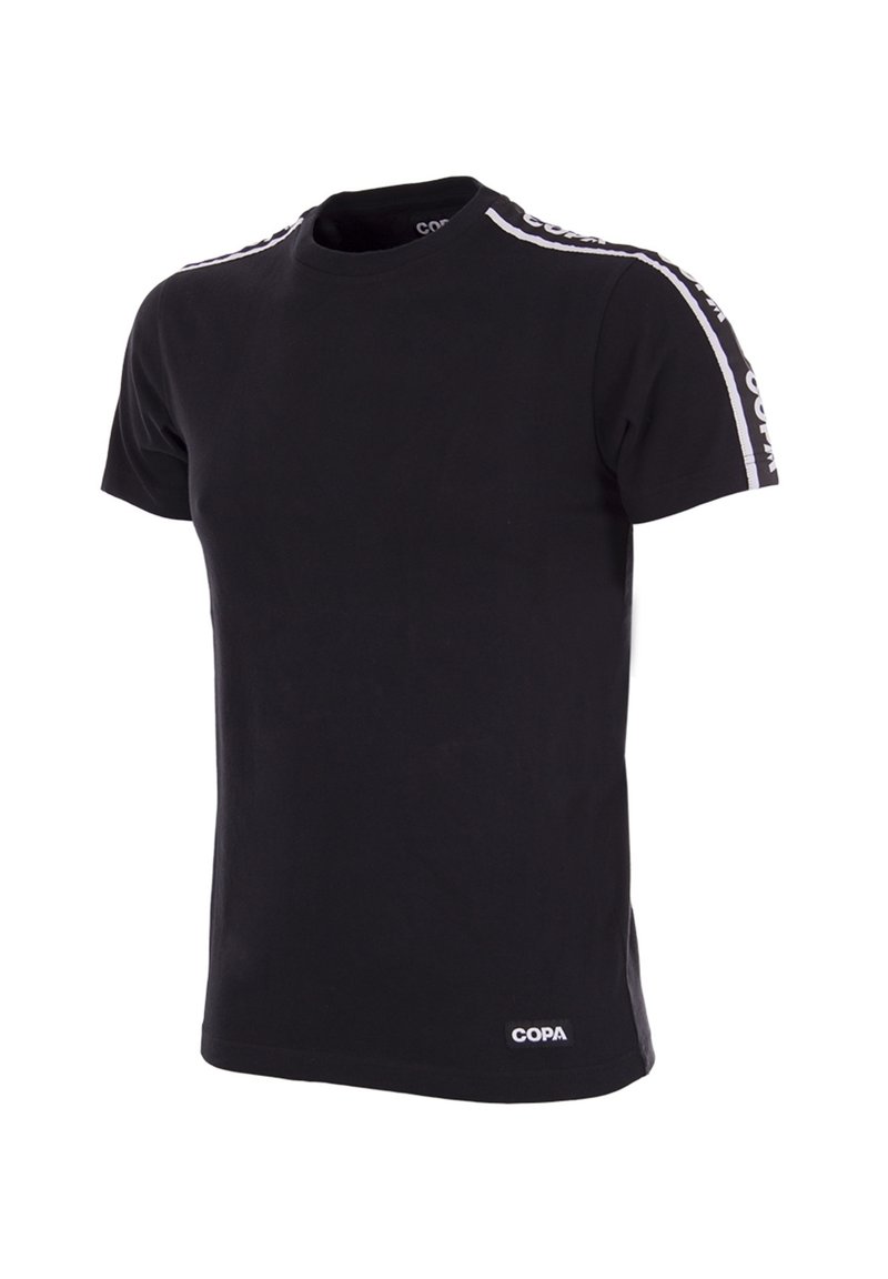 Zwarte t-shirt met korte mouwen van katoen, met witte merkstrepen op de schouders en een klein logo op de onderste zoom.