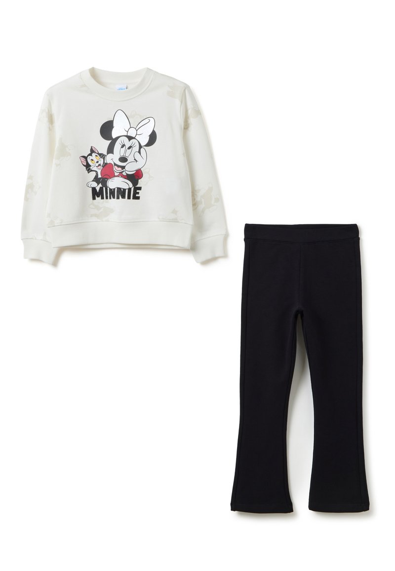 Sweatshirt blanc avec un graphique de Minnie Mouse et des lettres noires, associé à des leggings noirs. Tissu doux, coupe décontractée, sans motifs ni accessoires.