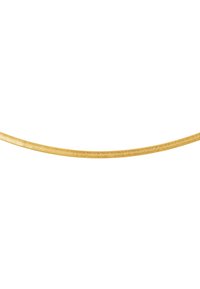 Gold-tone metal chain, flat design with interlocking links, smooth texture, approximately 3mm wide. Suitable for various jewelry applications.