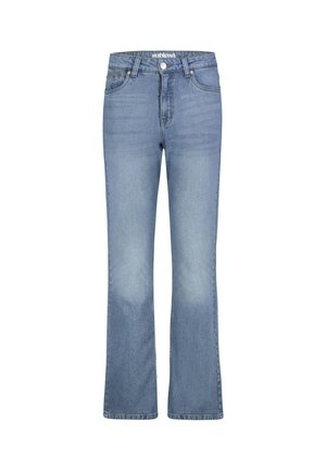 Hellblaue Denim-Jeans mit leicht ausgestelltem Bein, vorderem Knopf- und Reißverschluss sowie Gürtelschlaufen an der Taille.