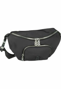 Marsupio in nylon nero con due scomparti con zip, forma piatta, tracolla testurizzata e accessori in metallo argentato con dettagli del logo "B".