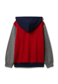 Felpa con cappuccio rossa, maniche grigie, cappuccio blu navy e fascia blu navy, vista da dietro su sfondo bianco.