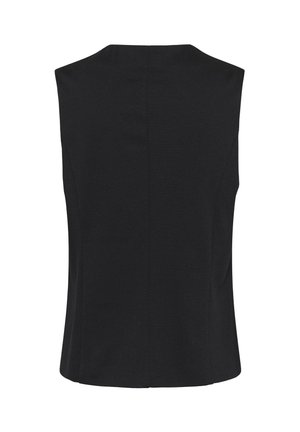 Top senza maniche nero realizzato in tessuto testurizzato, con un design a collo alto e un retro dritto caratterizzato da cuciture sottili per un effetto aderente.