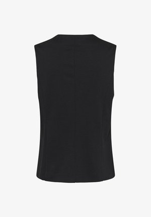 Juodas be rankovių viršus, pagamintas iš tekstūruotos medžiagos, su aukštu kaklu ir tiesiu nugaros dizainu, su subtiliomis siūlėmis, suteikiančiomis prigludusį vaizdą.