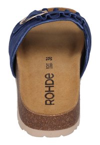 Blue leather slide sandal with ruffled strap, cork footbed, and light-colored outsole; features brand name "ROHDE" inside. Size 36.