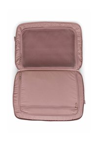 Étui pour ordinateur portable rose clair, fermé, avec un extérieur lisse, un intérieur doublé, une poche en maille zippée et un compartiment supplémentaire zippé.