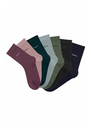 Satz von sieben Socken in verschiedenen Farben: Dunkellila, Rosa, Dunkelgrün, Hellblaugrün, Oliv, Anthrazit und Marineblau. Hergestellt aus weichem, strukturiertem Stoff.